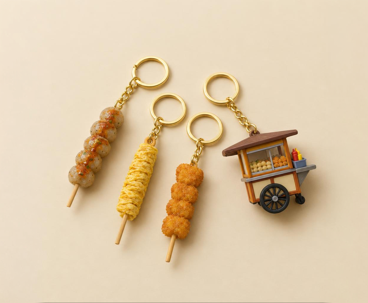 Keychains shaped like skewers and a tiny cart