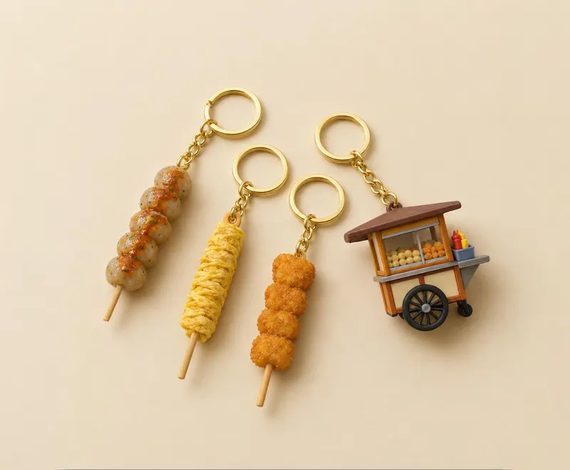 Keychains shaped like skewers and a tiny cart