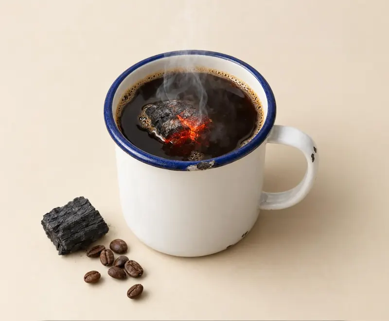 Enamel mug of kopi joss with a piece of charcoal