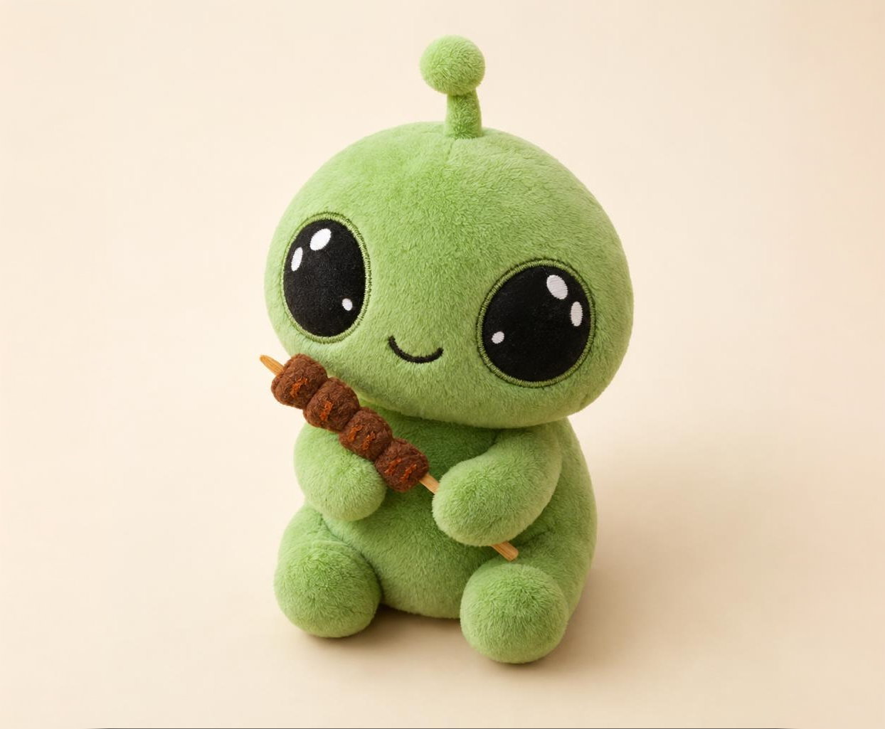 Green hungry alien plush holding a skewer