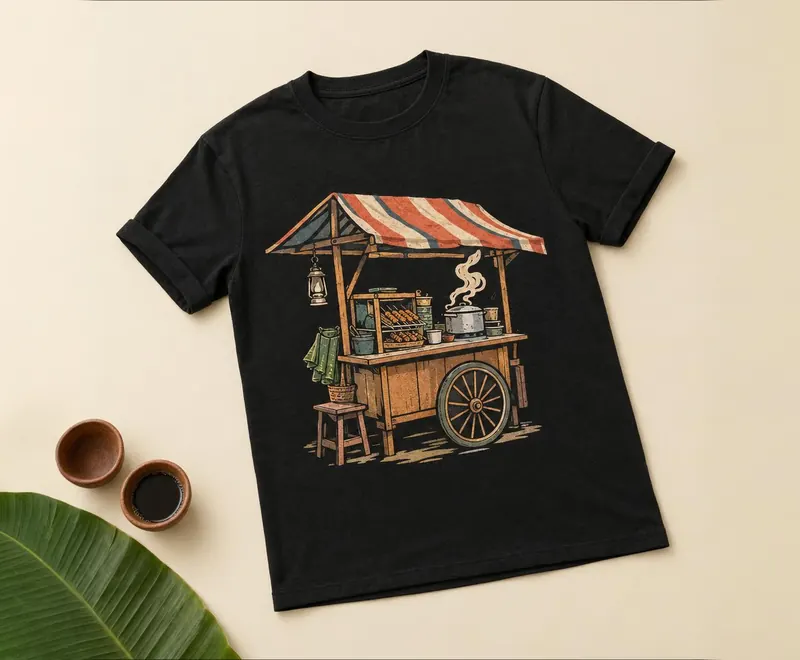 Black tee printed with an angkringan cart