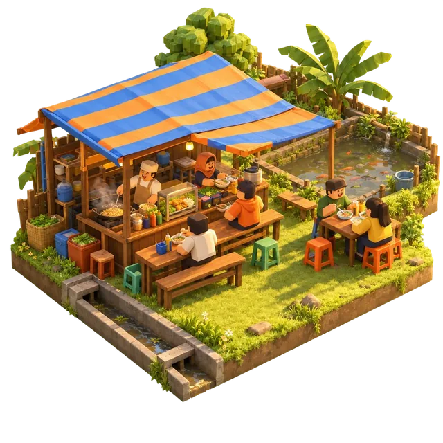Lapak Pinggir Got, a stall with a striped awning and a pond