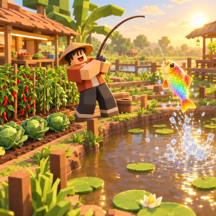 Fishing mini game next to the garden